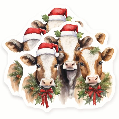 Christmas Cow Magnets - Festive Farmhouse Decor - Watercolor Animal Kitchen Accent - Refrigerator Cow Set - 2 Pack - 5" Design - Sticks to Fridges, Lockers, Toolboxes & More - Made in USA - AQM29294