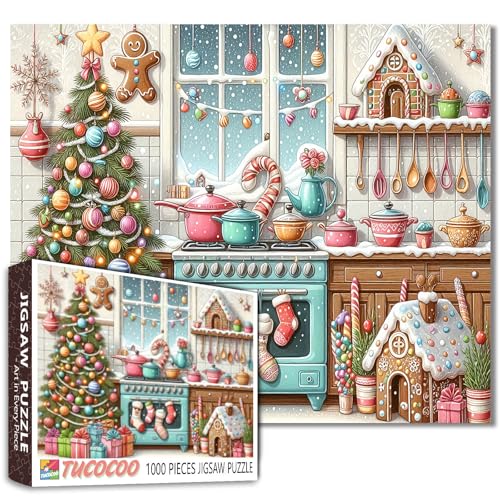 Christmas Kitchen 1000 Piece Jigsaw Puzzle for Adults Students Winter House Cozy Decor Home Art Festive Indoor Activity Gift Idea 20×27 Inches Family Game