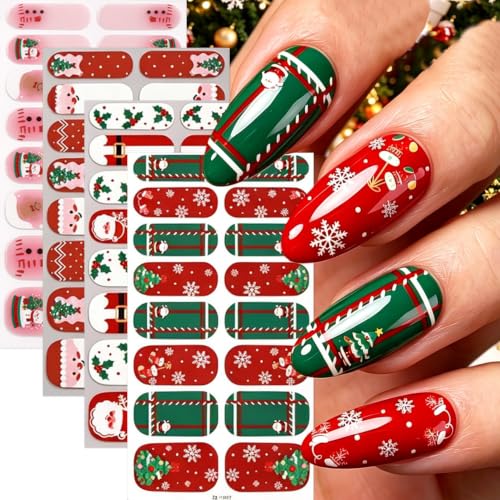 Christmas Nail Polish Stickers Strips Holly Nail Decal Colorful Snowflake Green Red Nail Full Wrap 5 Sheets Self-Adhesive Full Cover Nail Polish Strips for Women Manicure Nail Art Decorations