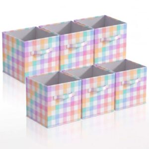 Chunful 6 Pcs 11 Inch Pastel Checked Fabric Storage Cube Bin Woven Foldable Gingham Storage Cube for Classroom Basket Bin Organizer with Handle Decor for Organizing Clothes, Toy, Book