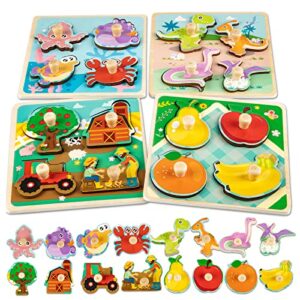 Chunky Wooden Puzzles for Toddlers 1-3: 4 PCS Farm Animals Peg Puzzles Toys