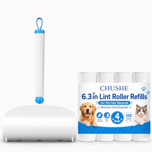CHUSHE 6.3 Inch Lint Roller Refills for Pet Hair Removal, 4 Rolls 400 Sheets, Extra Wide Sticky Roller Refill Sheets for Dog Cat Hair, Clothes, Couch, Carpet, Car Seats and Bedding
