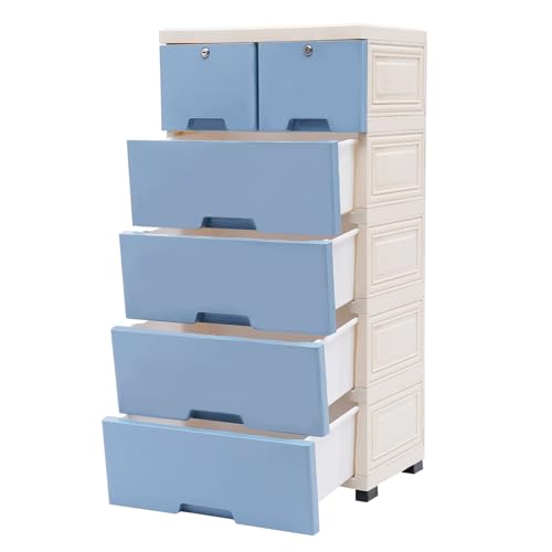 Chynalys 5 Layer Plastic Dressers with Drawers for Toys, 6 Drawers Plastic Drawer Storage Organizer, Storage Cabinet with Wheels and Locks, Movable Organizer Chest Closets, 40 * 19.7 * 13.8in