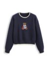 CIDER Women's Fall Sweaters Long Sleeve Cute Sweaters Bear Graphic Crewneck Soft Knit Casual Cropped Pullover: Navy Blue, XL