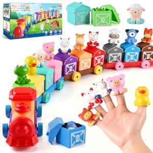 Cieex Toddler Toys Farm Animal Train for 1-3 Years Old, Counting Matching Sorting Montessori Learning Toy with 10 Finger Puppets, 10 Number Barns for Boys Girls, Educational Christmas Birthday Gift
