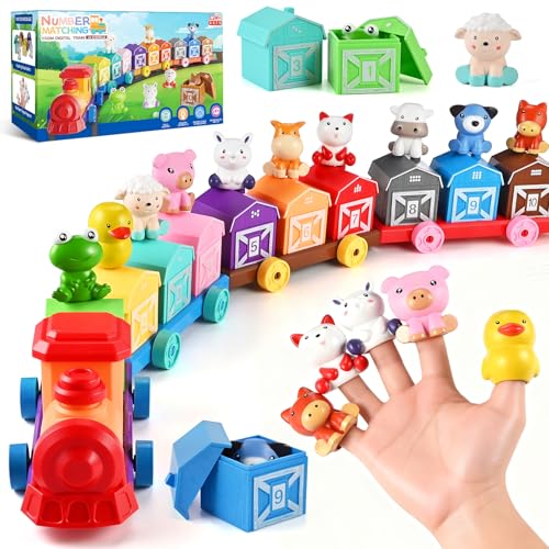 Cieex Toddler Toys Farm Animal Train for 1-3 Years Old, Counting Matching Sorting Montessori Learning Toy with 10 Finger Puppets, 10 Number Barns for Boys Girls, Educational Christmas Birthday Gift
