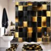 Cinbloo 4Pcs Black and Gold Shower Curtain Set, Abstract 3D Cube Gradient Futuristic Geometric Modern Bathroom Curtain with Rug, Toilet Lid Cover, Bath Mat, Aesthetic Shower Curtain with 12 Hooks