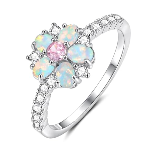 CiNily Opal Statement Rings Silver Plated Pink CZ Flower Ring for Women Flower Opal Design, Created Fire Opal Inlay, Dainty Lightweight Stackable, Anti-Tarnish Finish, Bridal/Birthday Gift, Size 11