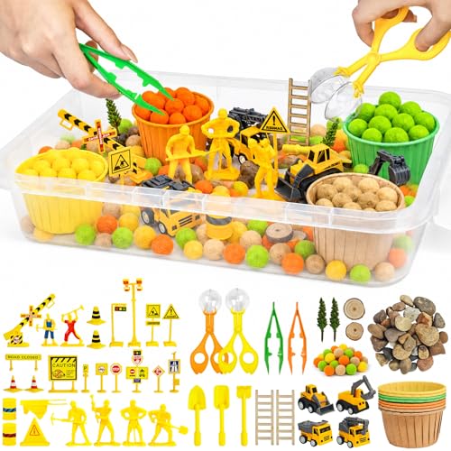 Cinrobiye 150 Pcs Construction Theme Activity Fillers Set with Storage Box, Excavator Accessories, Road Signs, Tools, Building Materials & Sorting Supplies for Classroom Activities, Home Projects