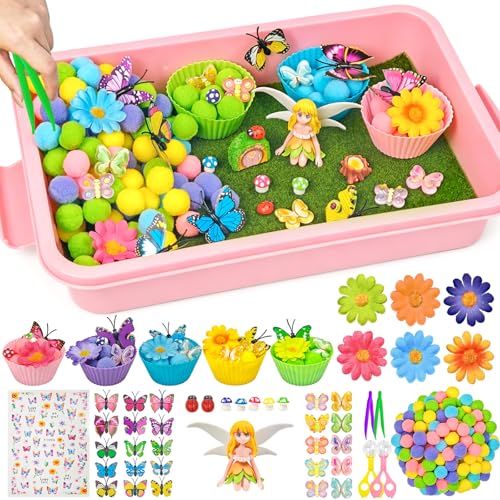 Cinrobiye 197 Pcs Butterfly Sensory Bin Fillers Set with Storage Box, Floral Garden Fairy Theme Decorations, Nature Inspired Materials for Picnic Sensory Bins, Spring Summer Home Activities