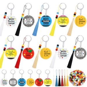 Cinrobiye 24 Set Back to School Keychain Craft Kit, DIY Classroom Activity Bead Keychains with Tassels, First Day of School Student Craft & Icebreaker Group Activity Set