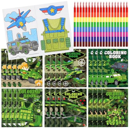 Cinrobiye 24 Set Coloring Books DIY Bulk Mini Ten Plagues Coloring Booklet with Stacking Crayons for Jewish Family Pesach Favors Goodie Bags Stuffer School Classroom Activity Rewards (Military)
