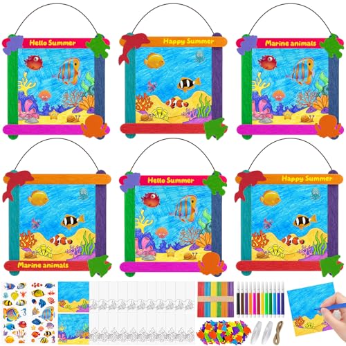 Cinrobiye 24 Sets Ocean Crafts DIY Under the Sea Craft Kit, Ocean Animal Scene Sticker Art Set for Creative Craft Projects, Summer DIY Activities, Party Decorations & Educational Craft Use