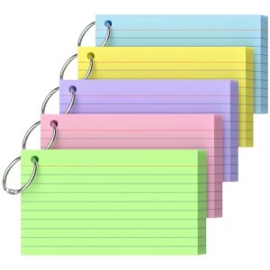 Ciphyfee Index Cards 3x5 Inch With Ring, 250 Count, Ruled Colored Index Card, 180GSM Flash Cards College Ruled for Students, Teachers, Study Note Card for Office, Home, School, Office