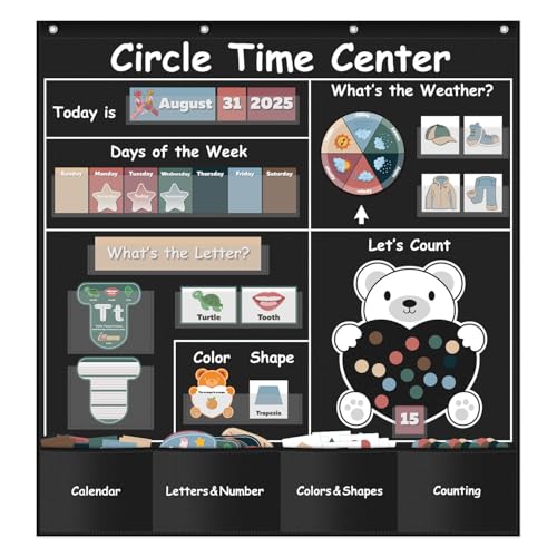 Circle Time Learning Center Pocket Chart for Classroom, Dry Erase Alphabet & Number Flash Cards, Write ABC Letter Tracing Writing Practice Games for Kids, Learning Weather Counting Color Shape
