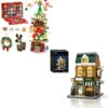 City Coffee House ＆ Advent Calendar 2025 Christmas Tree Building Set，2 Packs House Building Blocks with LED Light for Home Decor, Ideal Gifts for Teen Boys Girls