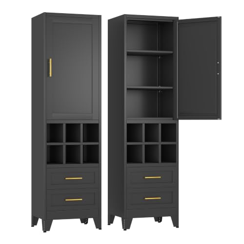 Ckzbx Tall Narrow Storage Cabinet, 66.93" H Tall Bathroom Cabinet Metal Pantry Cabinets with Hollowed-Out, 3 Adjustable Shelves, for Kitchen, Bathroom, Home Office, Living Room (Black)