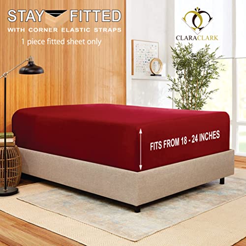 Clara Clark Stay Fitted Single Sheet, Fitted Sheet ONLY! Stay Fit on Mattress with Elastic Straps at Corners, Deep Pocket Fitted Sheet, Fits 18 to 24 Inch Mattress, King – Burgundy Red