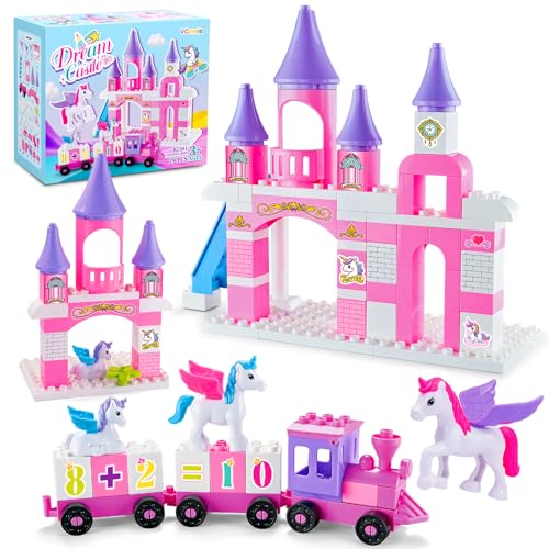 Classic Building Blocks for Toddlers - Compatible with Major Brands, Unicorn Theme Princess Castle & Number Trains Classic Bricks, Creative Educational Buildable Kits for Girls Boys Ages 3, 4, 5, 6-12