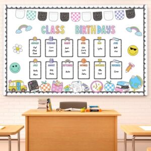 Classroom Birthday Bulletin Board Set Composition Notebook Classroom Decor, Checkered Notebook Paper Happy Face Apple Rainbow Cutouts for Birthday Poster Chart Back to School Wall Chalkboard Supplies