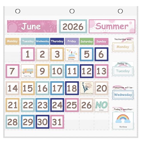 Classroom Calendar Pocket Chart with 122 Cards & 49 Clear Pockets - Preschool Learning Calendar for Kids, Kindergarten Homeschool Supplies, Teacher Classroom Essentials, English
