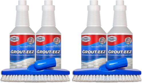 Clean-eez Grout Cleaner 4 Pack with Stand-Up Brush Attachment - Stain Remover Heavy-Duty Scrubber - Bathroom Shower Ceramic Porcelain Tile & Grout Only - Easy Control Flip Top Cap - 32 oz.