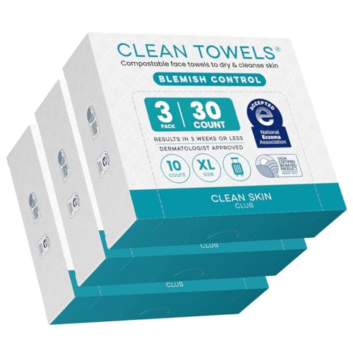 Clean Skin Club Blemish Control Clean Towels® XL, Travel Pack,Face Towels, Light Exfoliation for Oily Skin, Eczema Association Accepted Face Towel, TSA-Approved Travel Essential, 3 Packs, 30 Ct Total