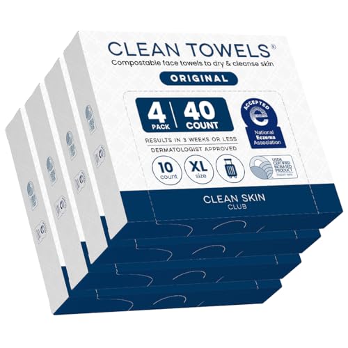 Clean Skin Club Clean Towels XL® – 4 Pack (40 Count Total) | 100% USDA Biobased Disposable Face Towels | Eczema Association Accepted | Dry Wipes for Sensitive Skin | Makeup Remover | Ultra Soft