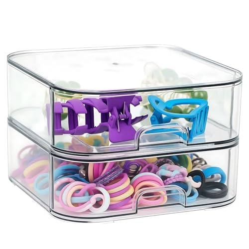Clear Storage Drawers, Double Layer 7.9 x 7.9 x 5.1 in Plastic Makeup Organizer with Drawers for Cosmetics, Desk, Counter, Cabinet, Office, Bathroom, Space Saving Storage for Daily Use