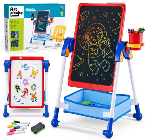Cleboen Kids Art Easel, 21" Double-Sided LCD Writing Tablet & Magnetic Whiteboard, Adjustable & Detachable Drawing Board with Magnetic Letters, Toddler Learning Toys for Boys Girls Ages 3-6