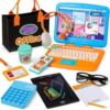 Cleboen Pretend Play Home Office Set for Kids — Toy Laptop Computer, LCD Writing Tablet, Pop Fidget Calculator, Phone, Headset, Glasses, Coffee Cup & Handbag, Birthday Gifts for Boys Girls Age 3-5-7
