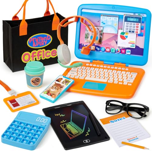 Cleboen Pretend Play Home Office Set for Kids — Toy Laptop Computer, LCD Writing Tablet, Pop Fidget Calculator, Phone, Headset, Glasses, Coffee Cup & Handbag, Birthday Gifts for Boys Girls Age 3-5-7