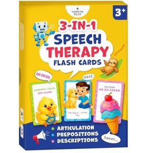 Clever Fox Play 3-in-1 Speech Therapy Flash Cards for 3+ Year Olds – Toddler Learning Flash Cards for Speech Therapy Materials – 45 Articulation, Description & Preposition Cards for Preschool