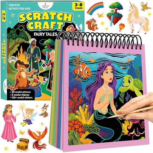 Clever Fox Play Scratch Craft for Kids – 30 Magical Fairy Tales Scratch-Off Pictures & 130+ Stickers – Craft Kits, DIY Supplies – Arts & Crafts Gifts for Boys & Girls Ages 3, 4, 5, 6, 7, 8