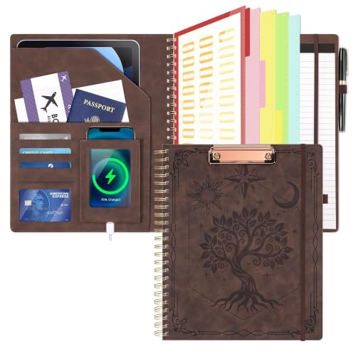 Clipboard with Storage for Men Women, Leather Padfolio Portfolio Organizer 5 Folders with 10 Pockets, Spiral Clipboard Folio with Notepad for Letter Size, Elastic Closure and Pen Loop Brown