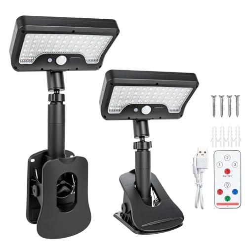 Clip On Solar Lights Outdoor with Motion Sensor, 4-Color 3 Modes Lighting (92 LEDs, 600 LM, 6000 K) IP65 Waterproof, 360° Adjustable Flexible Clamp for Fences Gardens Decks Camping Gutter (2)