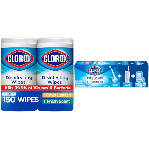 Clorox Disinfecting Wipes Value Pack, Bleach Free Cleaning Wipes, 75 Count Each, Pack of 2 + Clorox Toilet Wand Toilet Cleaning Kit, Caddy and 6 Refills (Pack May Vary)
