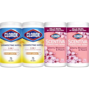 Clorox Disinfecting Wipes Variety Bundle, 2 Crisp Lemon & 2 Cherry Blossom, 300 Total Wipes