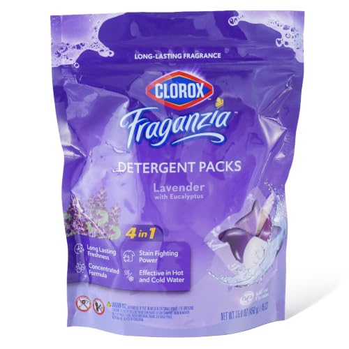 Clorox Fraganzia Laundry Detergent Packs, Lavender with Eucalyptus Scent – 4-in-1 Laundry Pods with Long-Lasting Freshness, Stain-Fighting Formula, Effective in Hot and Cold Water, 45 count