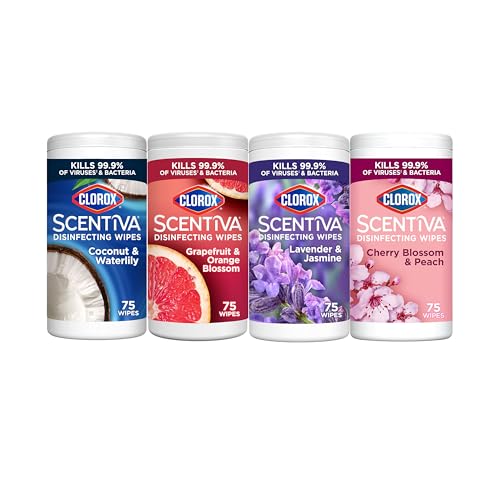 CLOROX Scentiva Disinfecting Wipes Bundle, Coconut and Waterlily, Grapefruit and Orange Blossom, Lavender and Jasmine, Cherry Blossom and Peach, 75 Count Each (Package May Vary