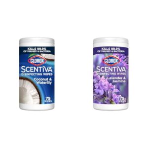 Clorox Scentiva Disinfecting Wipes, Coconut and Waterlily, Antibacterial, 75 Count + Wipes, Lavender and Jasmine, Antibacterial, 75 Count