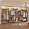 Closet Organizers Wall Mounted Closet System, 5-Row Heavy Duty Garment Clothes Rack, Industrial Pipe Clothing Rack with 4 Telescopic Rods, 3 Fixed Rods, 6 Hooks & 8 Shelves for Bedroom, Black and Gold