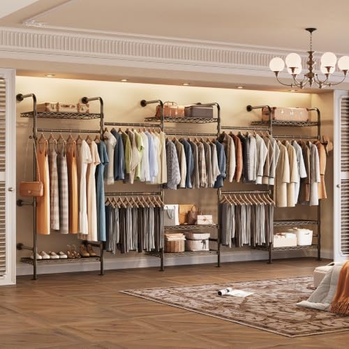 Closet Organizers Wall Mounted Closet System, 5-Row Heavy Duty Garment Clothes Rack, Industrial Pipe Clothing Rack with 4 Telescopic Rods, 3 Fixed Rods, 6 Hooks & 8 Shelves for Bedroom, Black and Gold