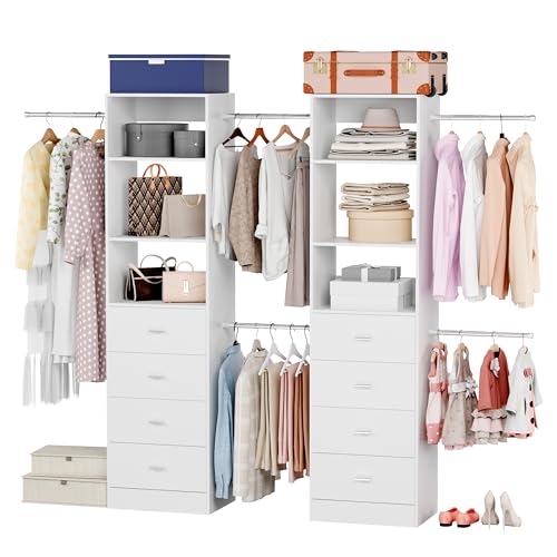 Closet System Set of 2, 6Ft-10Ft Closet Organizer System With 8 Wooden Drawers, Walk-In Closet Storage System With 8 Expandable Hanging Rods, Adjustable Cloth Garment Rack from 6 to 10FT, White