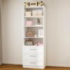 Closet System with 3 Drawers and 4 Shelves, Modular Closet Organizer System with Adjustable Shelves & Expandable Rod, DIY Walk in Closet Tower, Closet Organization Systems, White