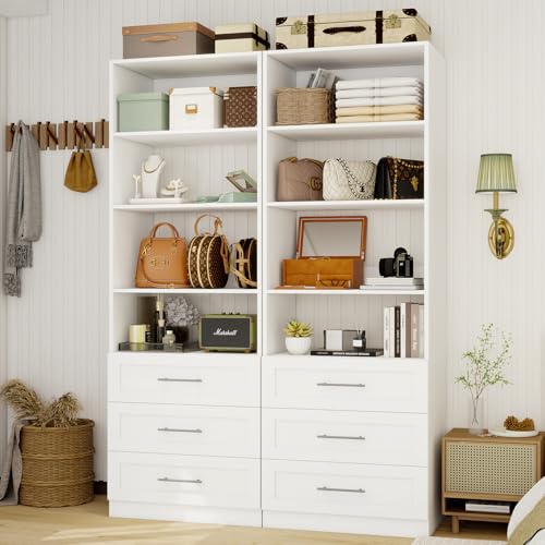 Closet System with 6 Drawers & 8 Shelves, Wood Closet Organizer System with 2 Extra Hanging Rod for Walk in Closet, Modular Closet Organizer System White(4FT)