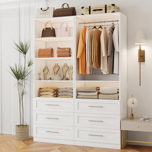 Closet System with 6 Drawers, Wood Closet Organizer System, Walk-in Closet or Small Closet System with Shelves, Modular Closet Systems with 3 Expandable Hanging Rods, 2 Sets, White (4FT)