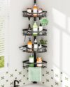 Clothink Corner Shower Caddy Tension Pole 4 Tier Stainless Steel Bathroom Organizer Shelves for Inside Shower Bathtub Shampoo Storage,26 to 120 Adjustable Standing Rack with Towel Rack