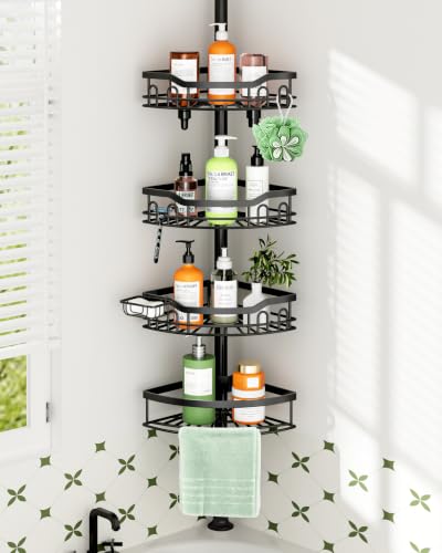 Clothink Corner Shower Caddy Tension Pole 4 Tier Stainless Steel Bathroom Organizer Shelves for Inside Shower Bathtub Shampoo Storage,26 to 120 Adjustable Standing Rack with Towel Rack