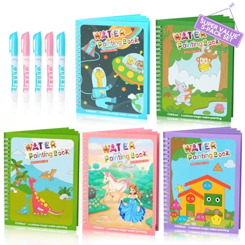 CMTOOP 5 Pack Water Coloring Books for Toddlers 1-3 - Mess Free Painting for Kids & Reusable Magic Water Activity Book - Aqua Art Travel Toys & Educational Arts and Crafts Gifts for Boys Girls Age 2-4